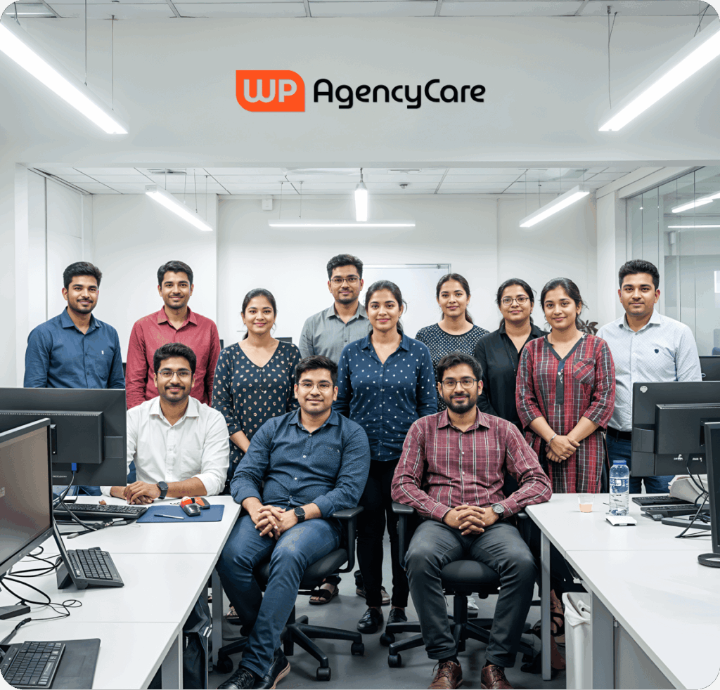 Team members in an office with WP AgencyCare branding displayed