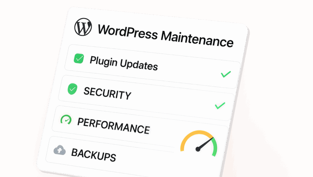 WordPress Maintenance checklist showing plugin updates, security, performance, and backups.