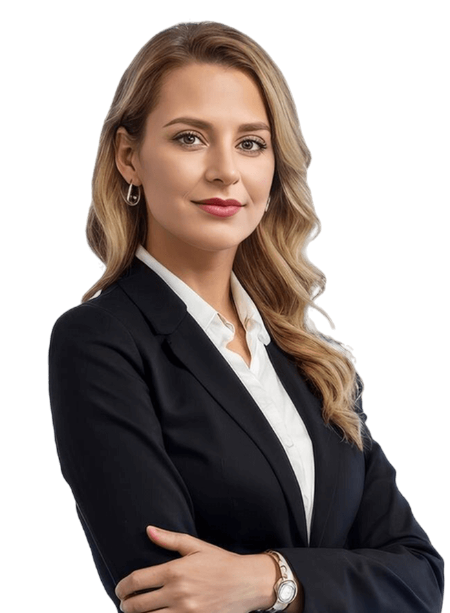 Confident woman in business attire, arms crossed.