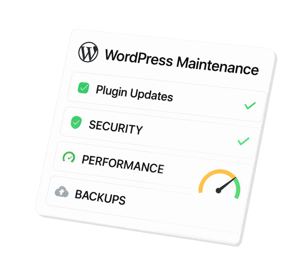 WordPress maintenance checklist with performance gauge. WordPress Maintenance checklist showing plugin updates, security, performance monitoring, and backups