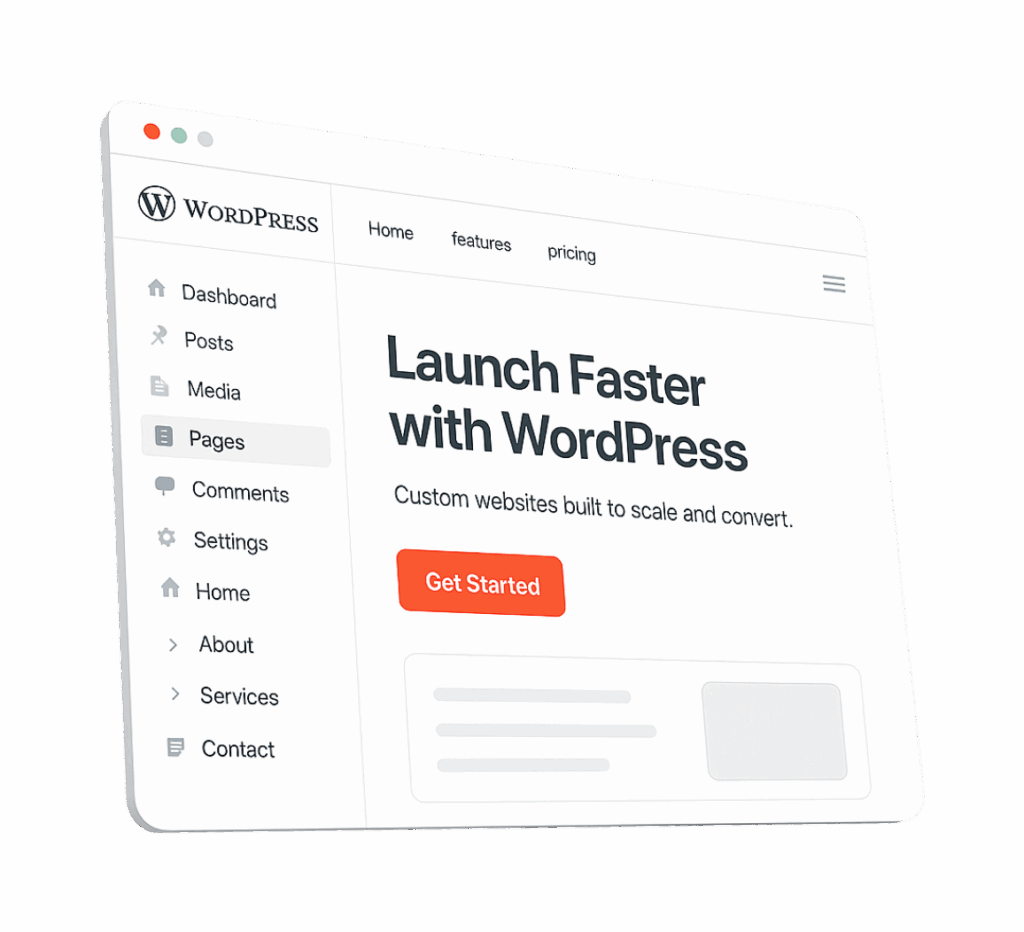 WordPress dashboard promoting faster website launches. WordPress dashboard showing page management to launch websites faster for agencies